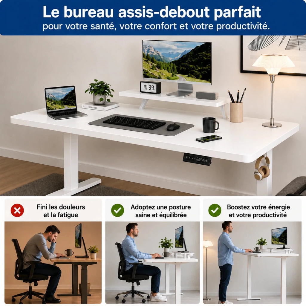 Devo — Bureau électrique assis-debout 160×70 cm avec support moniteur ergonomique